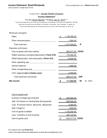 Retail Income Statement Template