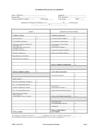 Business Financial Summary Statement Template
