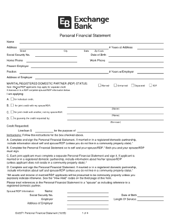 EB Personal Financial Statement Template