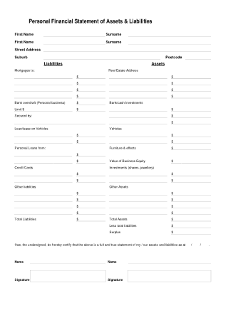 Personal Financial Statement Assets and Liabilities Template