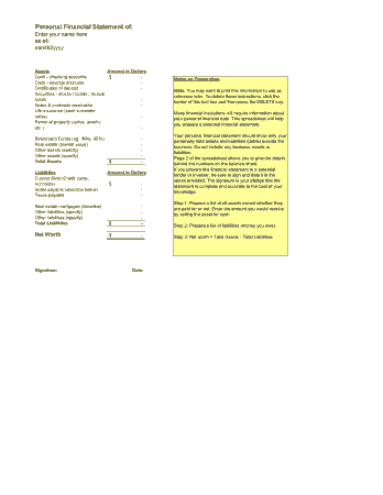 Sample Personal Financial Statement Template