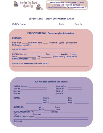 Baby Daily Information Sheet Template