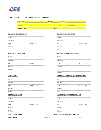 Commercial Job Information Sheet Template