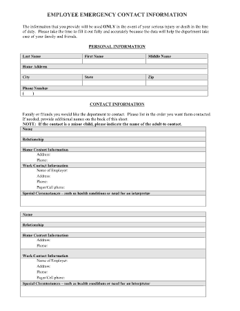 Information Sheet for Employee Contact Template