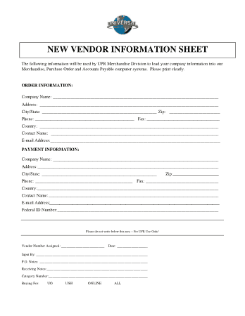 New Vendor Information Sheet Template