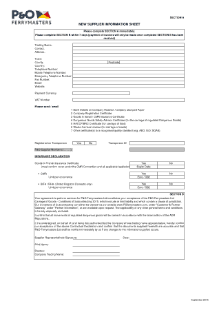 New Sheet for Supplier Information Template