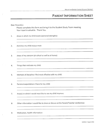 Parent Teacher Information Sheet Template