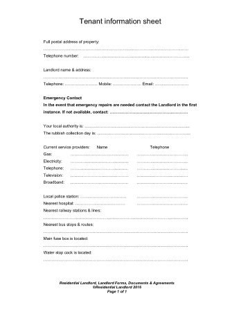 Sheet for Residential Tenant Information Template