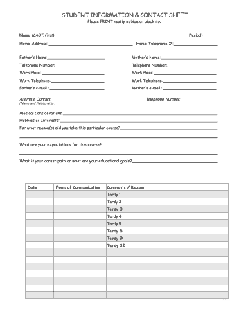 Student Contact Information Sheet Template