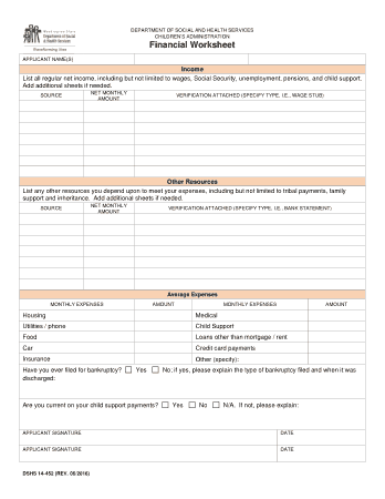 Department of Social and Health Services Financial Worksheet Finance Template
