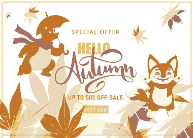 Autumn Sale Banner Cute Stylized Animals Leaves Sketch Free Vector