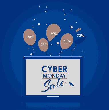 Cyber Monday Sale Banner Colorful Balloons Laptop Screen Free Vector