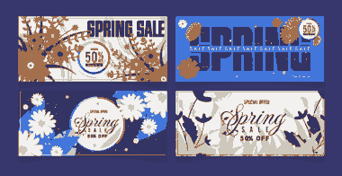 Spring Sale Banners Horizontal Colorful Flowes Leaves Decor Free Vector