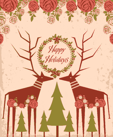 Holiday Greeting Background Reindeer Tree Icons Roses Decoration Free Vector