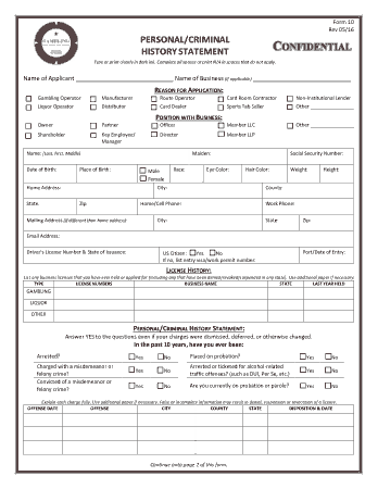 Personal Criminal History Statement Template