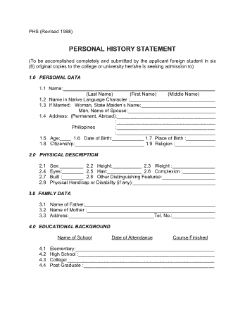 Personal History Statement Form Template