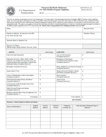 Personal Net Worth Statement Form Template
