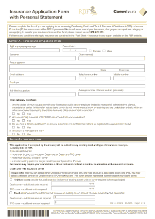 Insurance Application Form with Personal Statement Template
