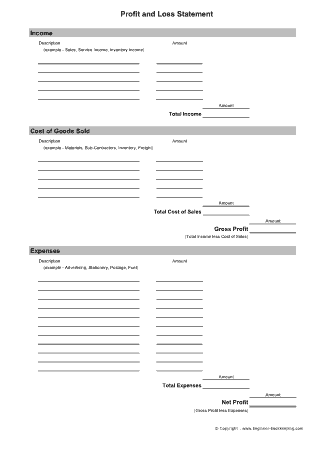 Blank Profit and Loss Statement Form Template