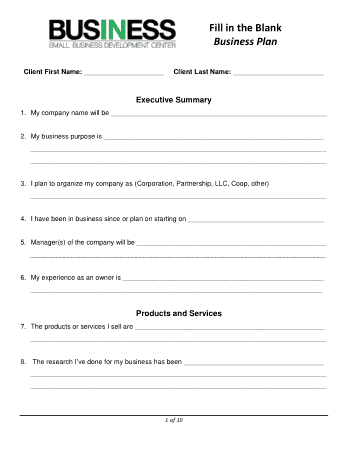 Blank Business Plan Example Template