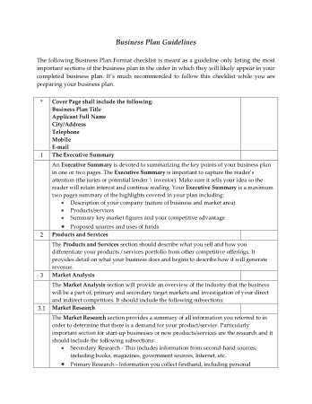 Business Plan Guidelines Checklist Template