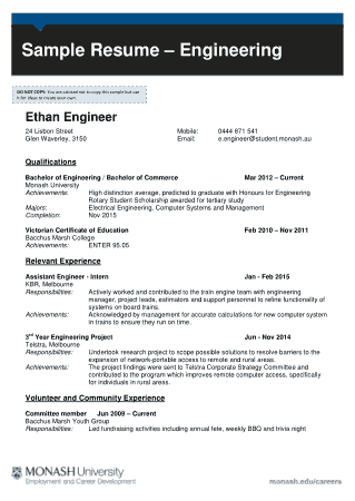 Engineering Student Resume for Job Template