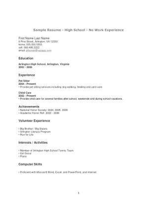 High School Student Resume With No Work Experience Template