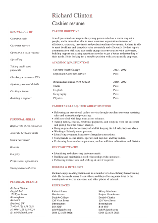 Student Cashier Resume Template