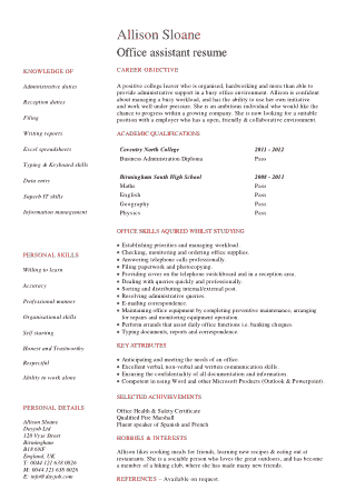 Student Office Assistant Resume Example Template