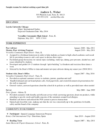 Student Part Time Job Resume Template