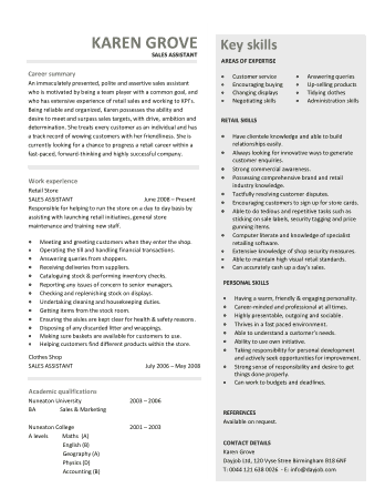 Sales Assistant Resume Skills Template