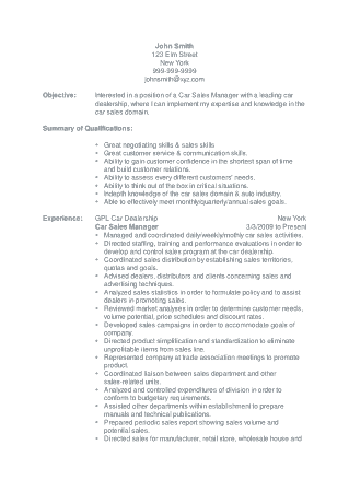 Resume For Car Sales Manager Template