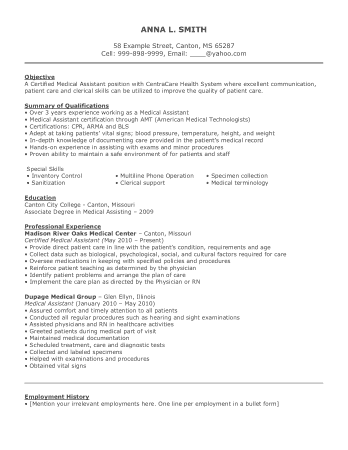 Medical Assistant Job Summary Resume Template