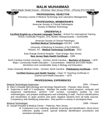Professional Medical Technologist Resume Template