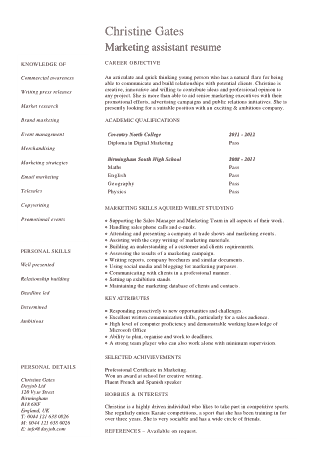 Entry Level Marketing Assistant Resume Template