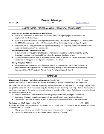 Commercial Project Manager Resume Template