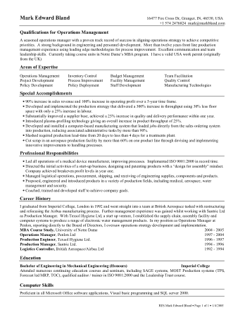 Example Operation Manager Resume Template