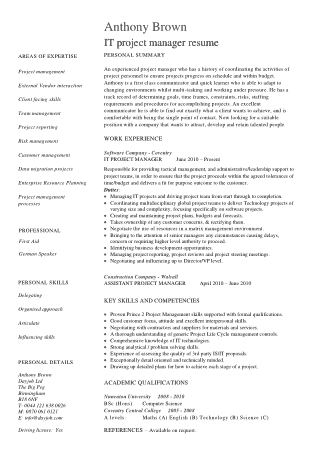 IT Project Manager Skills Resume Template