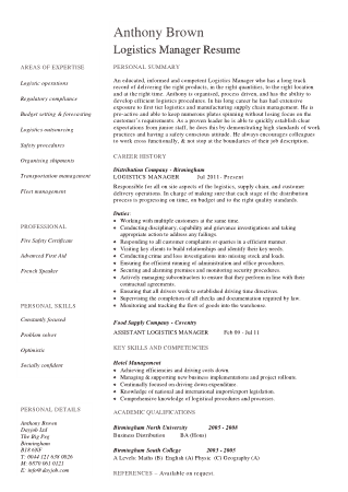 Logistics Manager Resume Format Template