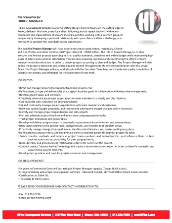 Project Manager Job Description for Resume Template
