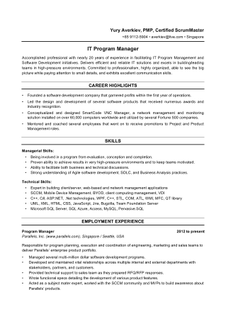 Project Manager Resume Pdf Template