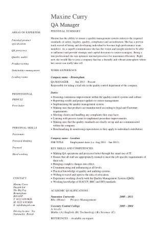 Quality Assurance Manager Resume Format Template