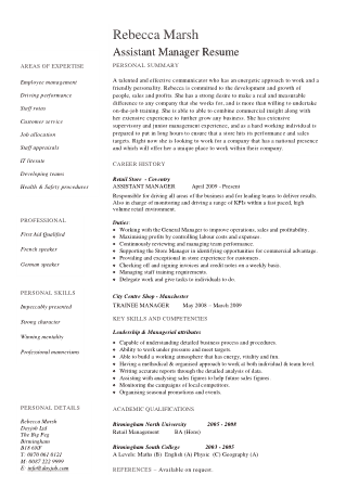 Retail Assistant Manager Resume Free Template