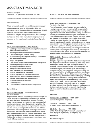 Retail Assistant Manager Resume Sample Template
