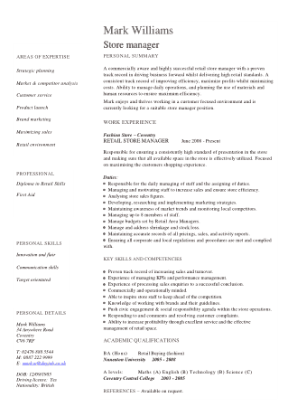 Sample Store Manager Resume Template