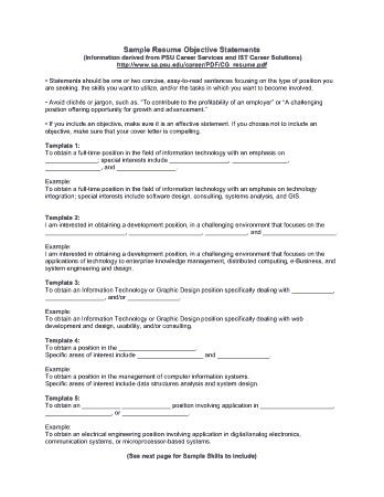 General Sample Resume Objective Statements Template