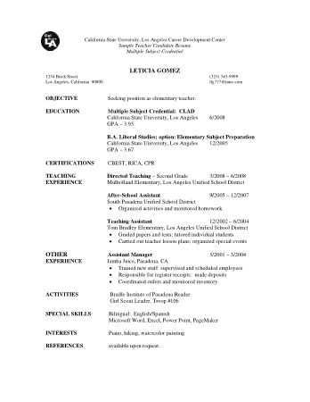 Free Download PDF Books, Elementary Teacher Assistant Resume Template