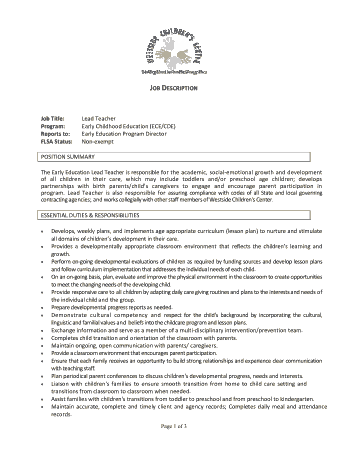 Preschool Lead Teacher Job Description Resume PDF Template