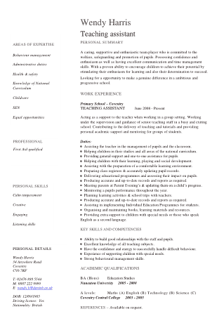 Resume For Preschool Teacher Assistant Template