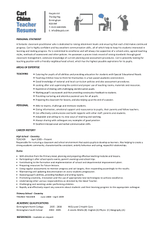 Resume Sample For Teacher Job Template